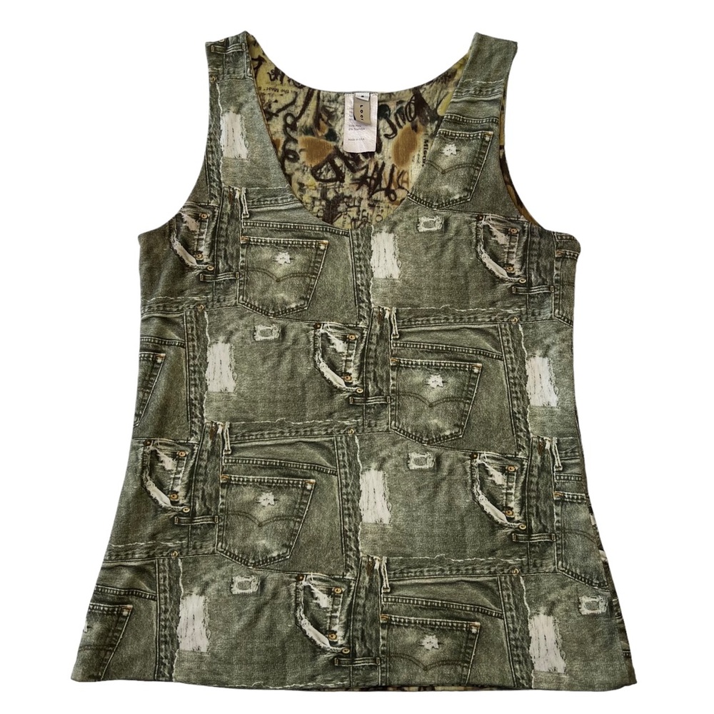 Vintage 90s Cyber Grunge Green Denim Print Tank and Midi Maxi Ruffle Skirt Set - Picture 4 of 14